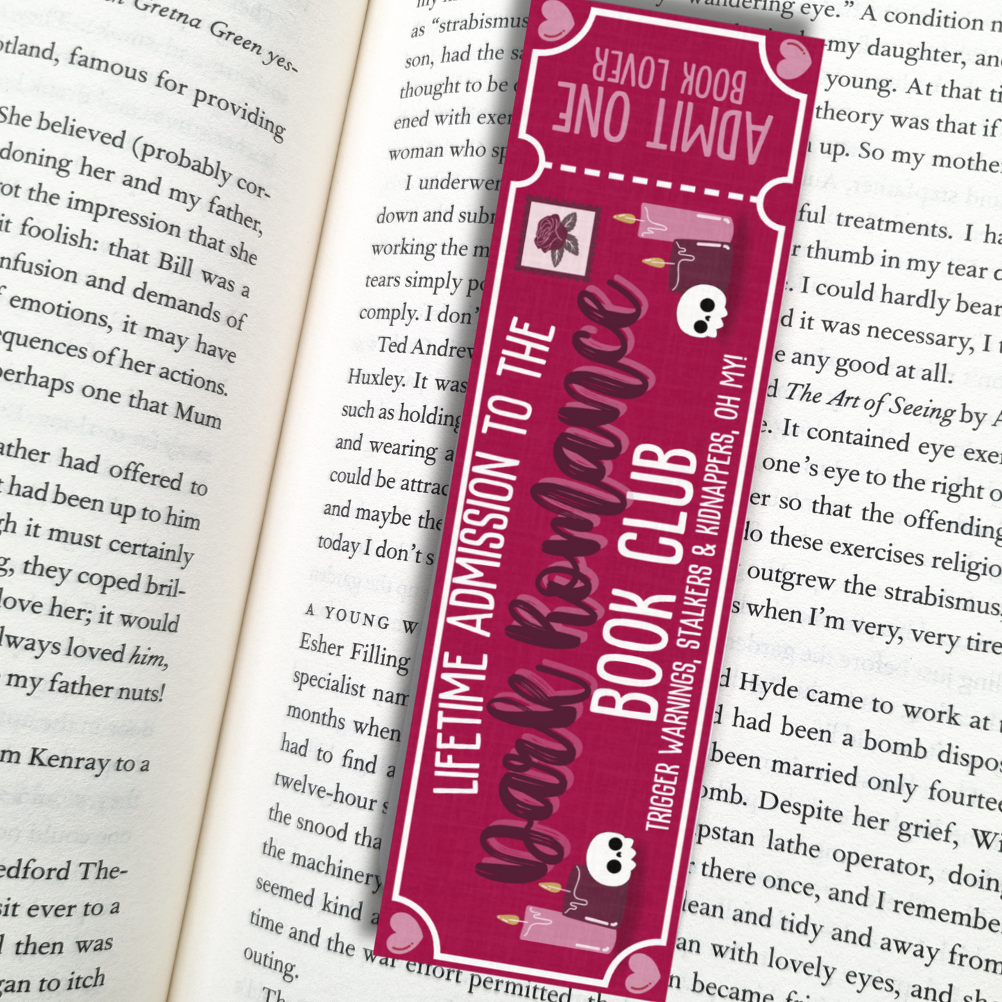 Dark Romance Book Club| Admit One| Book Lover| Bookmark